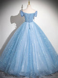 Light Blue Tulle Sequins Long Prom Dress, Lovely A-Line Evening Party Dress HZ0429