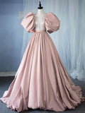 Pink V-Neck Satin Sequins Long Prom Dress, Beautiful A-Line Puffy Sleeve Party Dress HZ0429