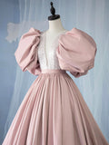 Pink V-Neck Satin Sequins Long Prom Dress, Beautiful A-Line Puffy Sleeve Party Dress HZ0429