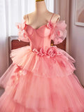 Pink Spaghetti Strap Tulle Long Prom Dress, Beautiful A-Line Sweet 16 Dress HZ0429