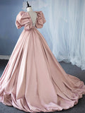 Pink V-Neck Satin Sequins Long Prom Dress, Beautiful A-Line Puffy Sleeve Party Dress HZ0429