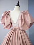 Pink V-Neck Satin Sequins Long Prom Dress, Beautiful A-Line Puffy Sleeve Party Dress HZ0429
