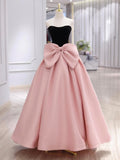Black Velvet and Pink Satin Long Prom Dress, Beautiful A-Line Strapless Party Dress wit Bow HZ0429