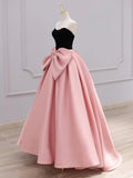 Black Velvet and Pink Satin Long Prom Dress, Beautiful A-Line Strapless Party Dress wit Bow HZ0429