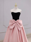 Black Velvet and Pink Satin Long Prom Dress, Beautiful A-Line Strapless Party Dress wit Bow HZ0429