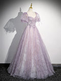 Lilac Tulle Short Sleeve Floor Length Prom Dress, Lovely A-Line Evening Party Dress HZ0429