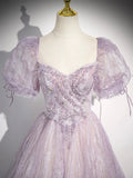 Lilac Tulle Short Sleeve Floor Length Prom Dress, Lovely A-Line Evening Party Dress HZ0429