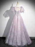 Lilac Tulle Short Sleeve Floor Length Prom Dress, Lovely A-Line Evening Party Dress HZ0429