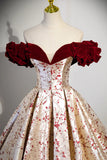 Beautiful Floral Satin Sweetheart Off Shoulder Prom Dress, Burgundy Long Satin Backless Party Dress HZ0429