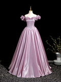 Pink Satin Long Prom Dress with Corset, Beautiful Off the Shoulder Evening Party Dress HZ0429