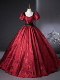 Burgundy A-Line Floor Length Prom Dress, Elegant Short Sleeve Evening Party Dress HZ0429