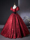 Burgundy A-Line Floor Length Prom Dress, Elegant Short Sleeve Evening Party Dress HZ0429