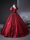 Burgundy A-Line Floor Length Prom Dress, Elegant Short Sleeve Evening Party Dress HZ0429