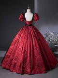 Burgundy A-Line Floor Length Prom Dress, Elegant Short Sleeve Evening Party Dress HZ0429