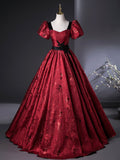 Burgundy A-Line Floor Length Prom Dress, Elegant Short Sleeve Evening Party Dress HZ0429