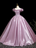 Pink Satin Long Prom Dress with Corset, Beautiful Off the Shoulder Evening Party Dress HZ0429