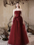 Burgundy Tulle Lace Long Prom Dress, A-Line Strapless Evening Party Dress HZ0429