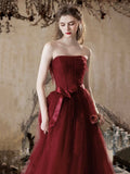 Burgundy Tulle Lace Long Prom Dress, A-Line Strapless Evening Party Dress HZ0429
