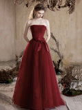 Burgundy Tulle Lace Long Prom Dress, A-Line Strapless Evening Party Dress HZ0429