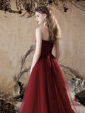 Burgundy Tulle Lace Long Prom Dress, A-Line Strapless Evening Party Dress HZ0429