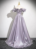 A-Line Satin Floor Length Prom Dress, Purple Off the Shoulder Evening Party Dress HZ0429