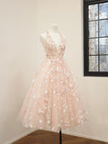 Pink V-Neck Tulle Sequins Short Prom Dress, Cute A Line Backless Evening Party Dress HZ0429