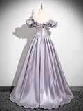 A-Line Satin Floor Length Prom Dress, Purple Off the Shoulder Evening Party Dress HZ0429