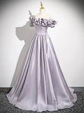 A-Line Satin Floor Length Prom Dress, Purple Off the Shoulder Evening Party Dress HZ0429