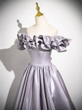 A-Line Satin Floor Length Prom Dress, Purple Off the Shoulder Evening Party Dress HZ0429