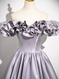 A-Line Satin Floor Length Prom Dress, Purple Off the Shoulder Evening Party Dress HZ0429