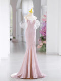 Pink Spaghetti Straps Beading Prom Dress, Mermaid Evening Party Dress HZ0429