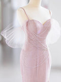 Pink Spaghetti Straps Beading Prom Dress, Mermaid Evening Party Dress HZ0429