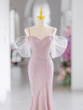 Pink Spaghetti Straps Beading Prom Dress, Mermaid Evening Party Dress HZ0429