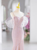 Pink Spaghetti Straps Beading Prom Dress, Mermaid Evening Party Dress HZ0429