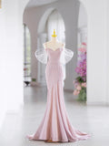 Pink Spaghetti Straps Beading Prom Dress, Mermaid Evening Party Dress HZ0429