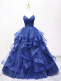Navy Blue Tulle Long Prom Dress, A-Line Spaghetti Strap Evening Gown HZ0429