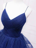 Navy Blue Tulle Long Prom Dress, A-Line Spaghetti Strap Evening Gown HZ0429