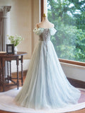 A-Line Green Floor Length Prom Dress, Beautiful Off the Shoulder Backless Evening Party Dress HZ0429