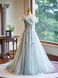 A-Line Green Floor Length Prom Dress, Beautiful Off the Shoulder Backless Evening Party Dress HZ0429