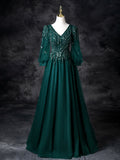Green V-Neck Tulle Beads Prom Dress, Elegant Long Sleeve Evening Party Dress HZ0429