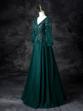 Green V-Neck Tulle Beads Prom Dress, Elegant Long Sleeve Evening Party Dress HZ0429