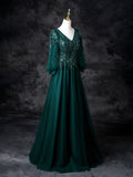 Green V-Neck Tulle Beads Prom Dress, Elegant Long Sleeve Evening Party Dress HZ0429
