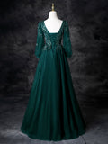 Green V-Neck Tulle Beads Prom Dress, Elegant Long Sleeve Evening Party Dress HZ0429