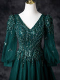 Green V-Neck Tulle Beads Prom Dress, Elegant Long Sleeve Evening Party Dress HZ0429