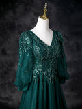 Green V-Neck Tulle Beads Prom Dress, Elegant Long Sleeve Evening Party Dress HZ0429