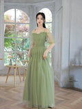 Green A-Line Tulle Floor Length Prom Dress, Beautiful Evening Party Dress HZ0429