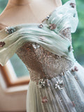 A-Line Green Floor Length Prom Dress, Beautiful Off the Shoulder Backless Evening Party Dress HZ0429