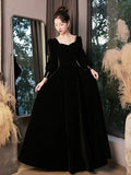 Black Velvet Long Sleeve Formal Dress, A-Line Floor Length Evening Dress HZ0429