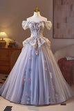 Light Purple Tulle Floral Long Prom Dress, Beautiful A-Line Evening Party Dress HZ0429