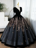 Black V-Neck Velvet and Sequins Long Prom Dress, A-Line Short Sleeve Formal Dress HZ0429